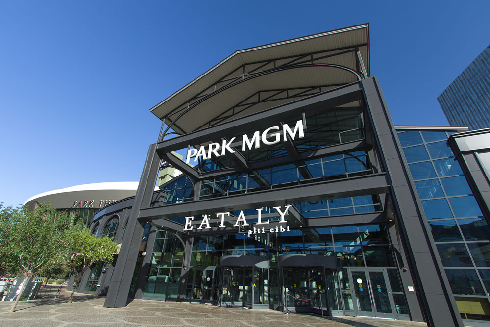 Exterior of the Park MGM which features Eataly an Italian style food hall and market with Italian restaurants