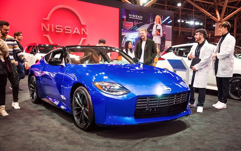 Blue 2023 Nissan Z sports car equipped with 400 HP twin-turbo V6, a successor of famous Nissan Fairlady Z and Datsun 240Z