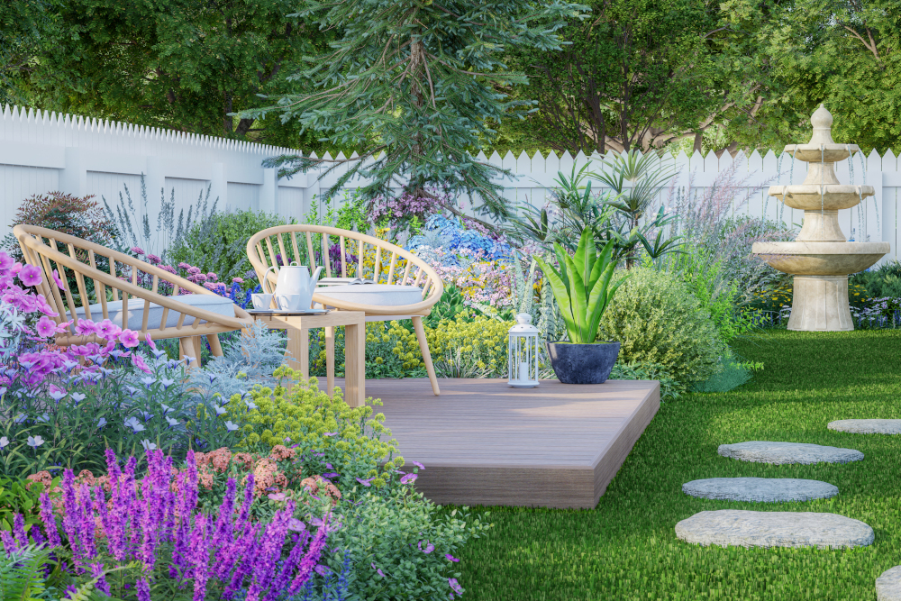 Wooden chairs on the plank terrace in the luxury colorful backyard garden 3d render with green lawn vareity color of flowers and white wood fence with morning sunlight