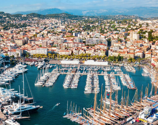 Cannes port aerial panoramic view. Cannes is a city located on the French Riviera or Cote d\'Azur in France.