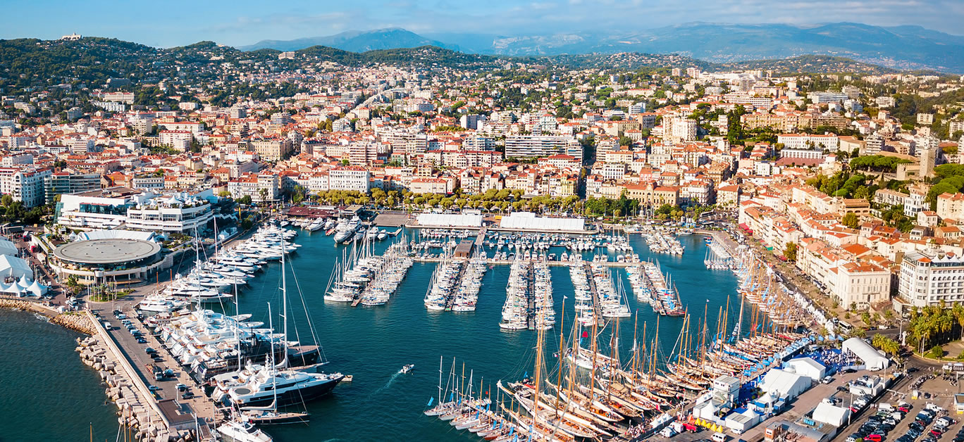 Cannes port aerial panoramic view. Cannes is a city located on the French Riviera or Cote d\'Azur in France.