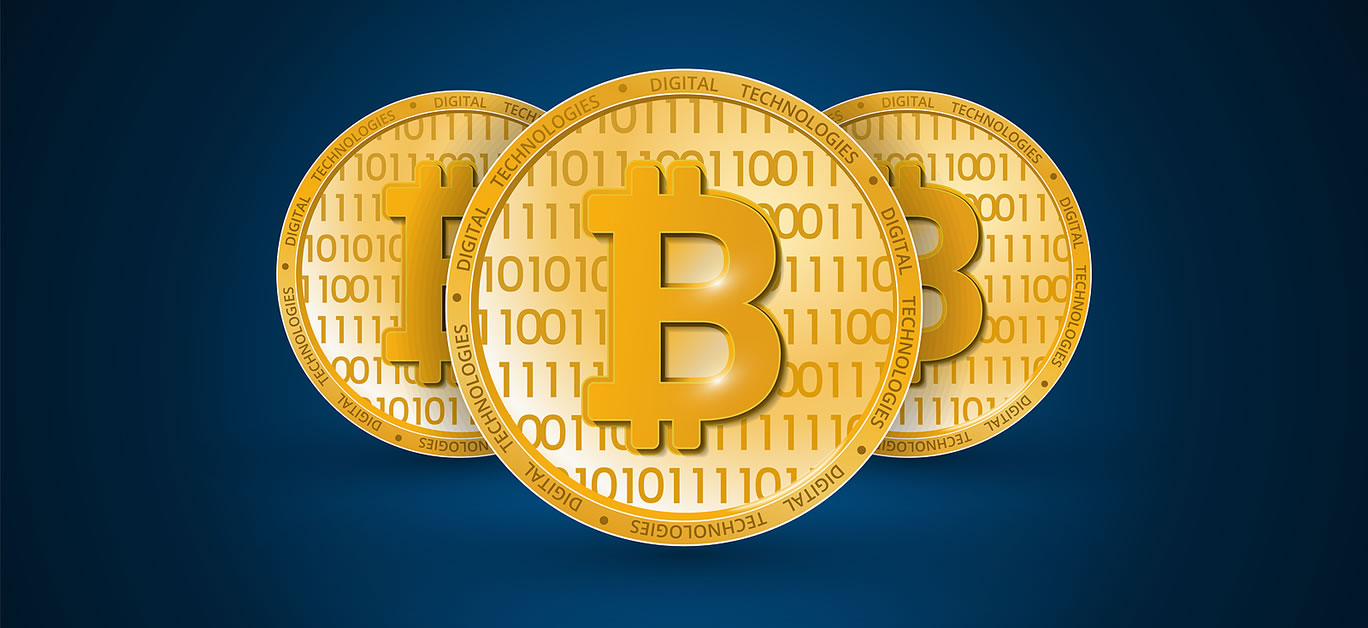 Digital money concept. Gold bitcoin in the form of a coin on a dark blue background. Blockchain technology for cryptocurrency. Realistic 3D coins. Cash. Vector