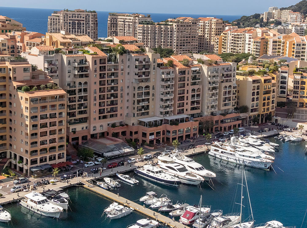 A view of Port Fontvieille, taken from Monaco-Ville, the old city of Monaco.