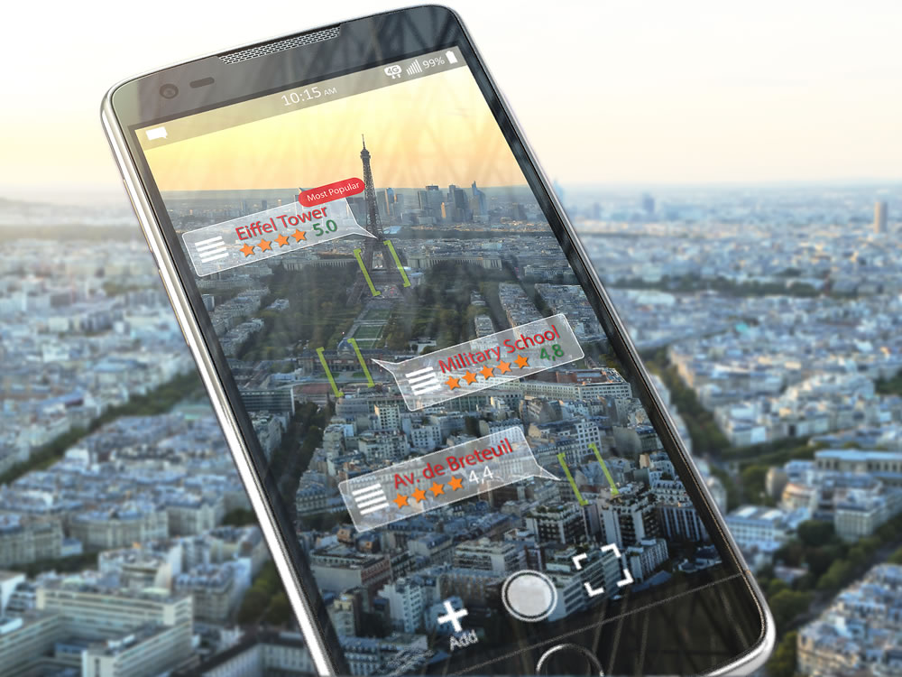 Augmented reality travel application concept. Mobile smart phone check relevant information about landmars attractions of Paris. 3d illustration