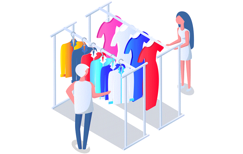 Choosing clothes in store with consultant