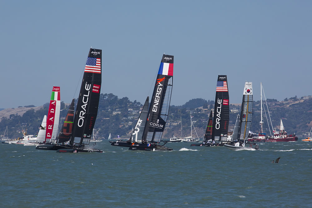 A group of catamaran team race during the america\'s cup world series competition in San Francisco 2012, USA