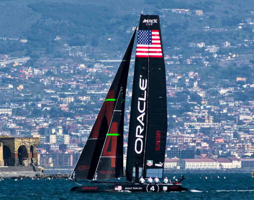 Oracle Team catamaran in America's Cup World Series in the gulf of Naples, Italy on April 16, 2013