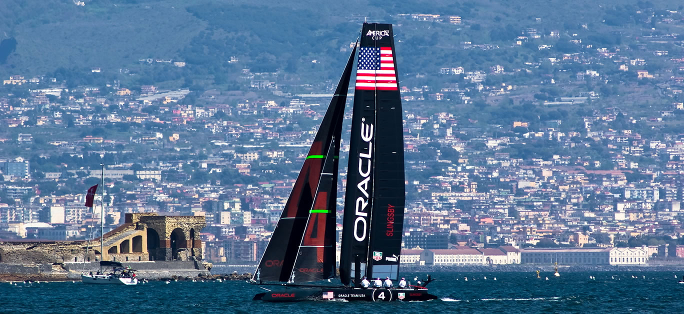 Oracle Team catamaran in America's Cup World Series in the gulf of Naples, Italy on April 16, 2013