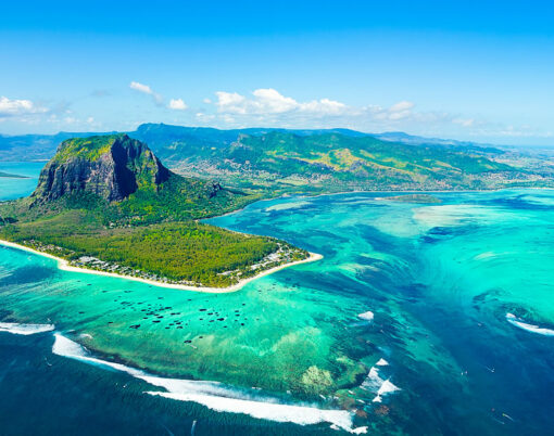 Aerial view of Mauritius island panorama and famous Le Morne Brabant mountain beautiful blue lagoon and underwater waterfall