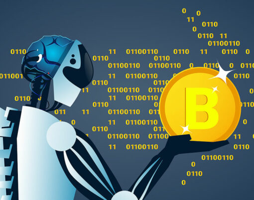 Robot Holding Bitcoin Crypto Currency Banner Digital Web Money Concept Vector Illustration