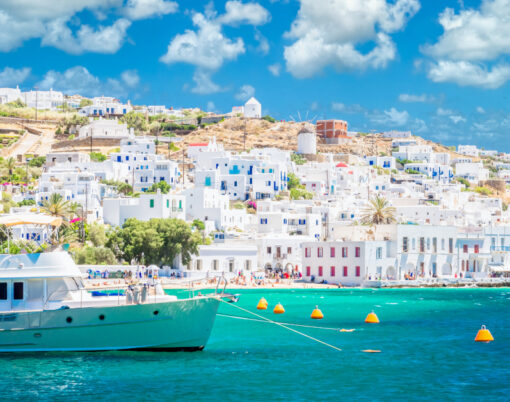 Beautiful View Of Mykonos Town In Cyclades Islands. There Are Wh