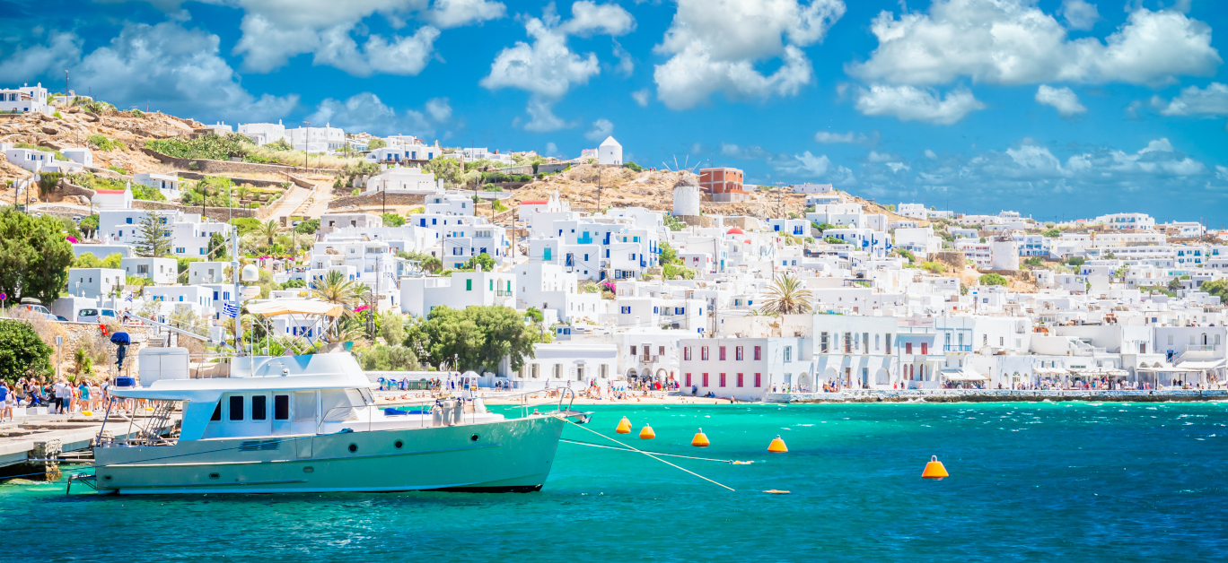 Beautiful View Of Mykonos Town In Cyclades Islands. There Are Wh