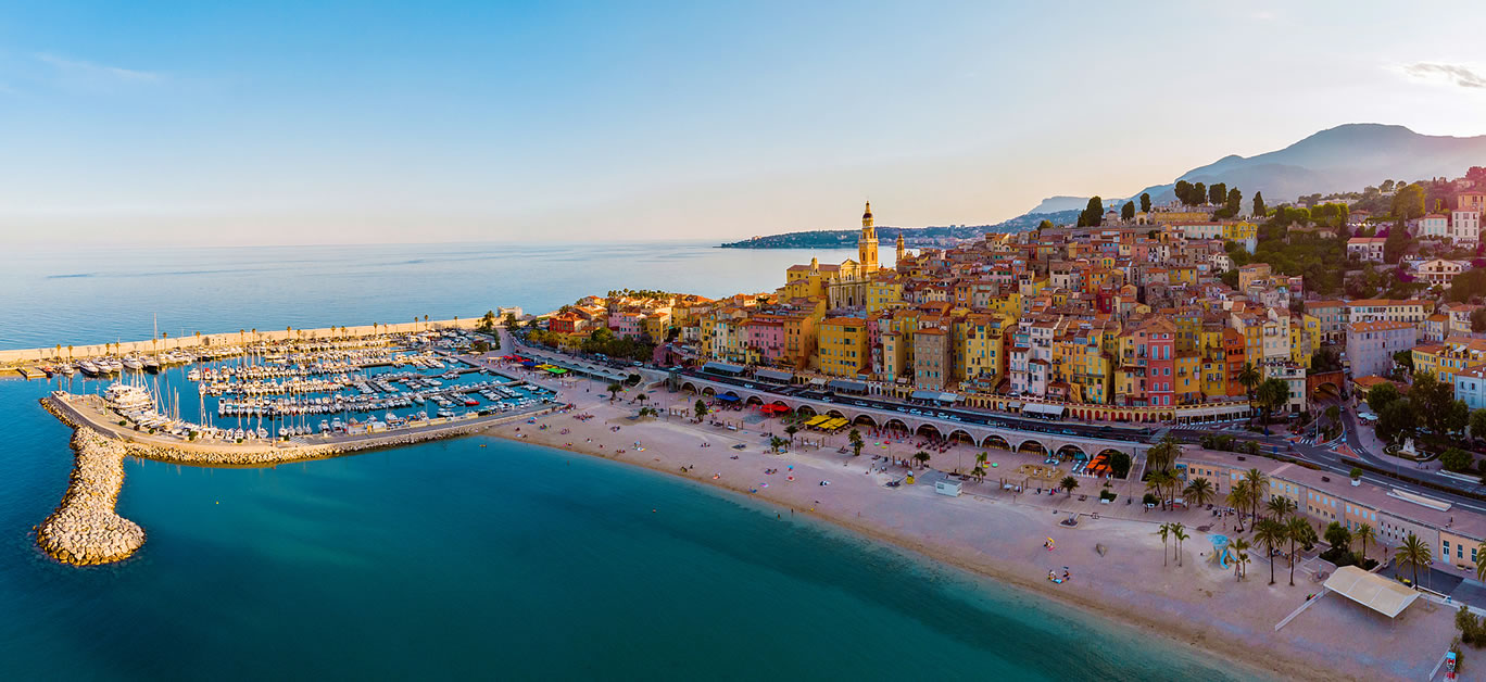 colorful old town Menton on french Riviera, France. Drone aerial view over Menton France Europe