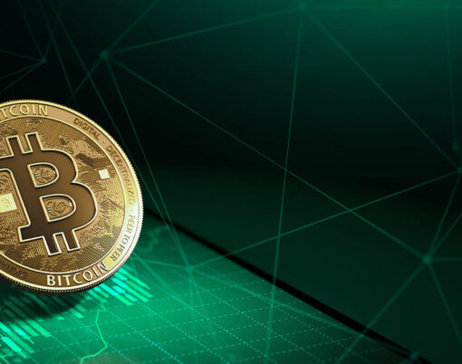 Golden bitcoin levitating over a smartphone with green growth diagram on it. Bitcoin price rises concept. 3D rendering