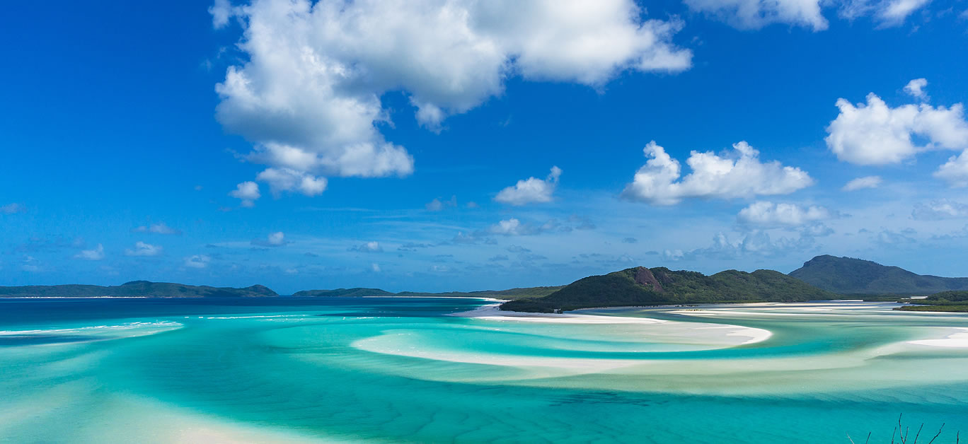 Aerial view of Hill inlet with tropical lagoon and Whitehaven beach in the distance. Whitsunday Island Queensland Australia