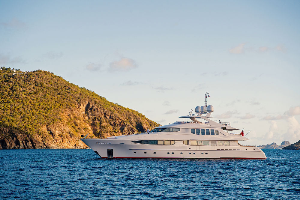 Yacht at sea coast on sunny blue sky in gustavia, st.barts. Yachting and sailing adventure