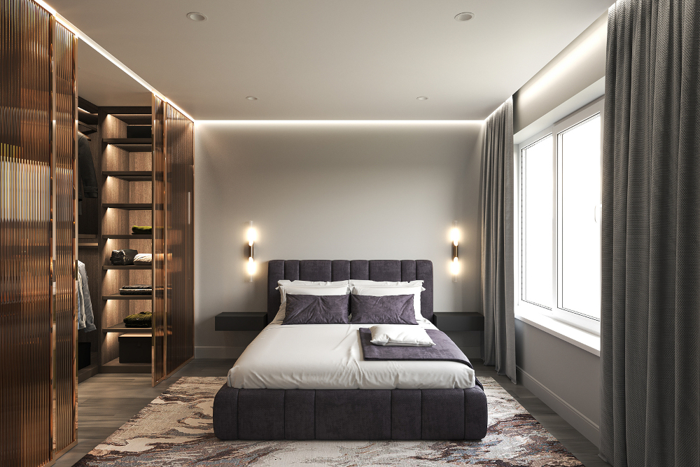 Luxury bedroom interior with bedding sheet dark tone.