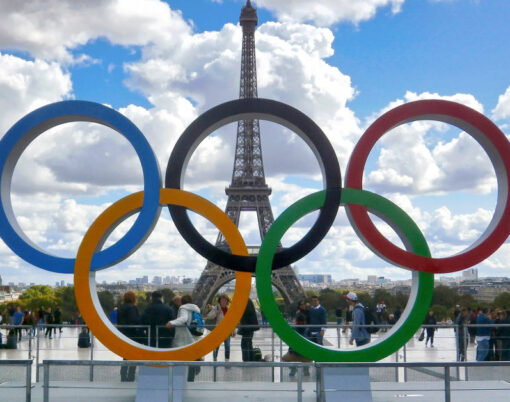 Olympic rings installed on the esplanade of Trocadero to commemorate the Olympic Games which will take place in Paris in 2024.