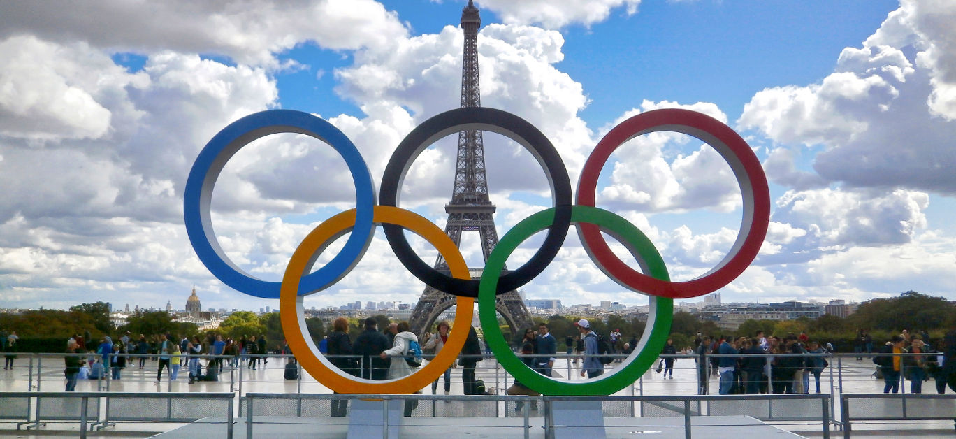 Olympic rings installed on the esplanade of Trocadero to commemorate the Olympic Games which will take place in Paris in 2024.