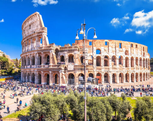 Historic Roman amphitheater in Rome scenic springtime tourist rush view