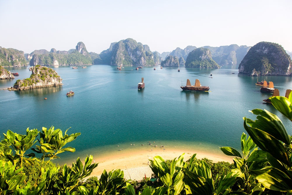Sunny view of Halong Bay from the summit of a limestone island