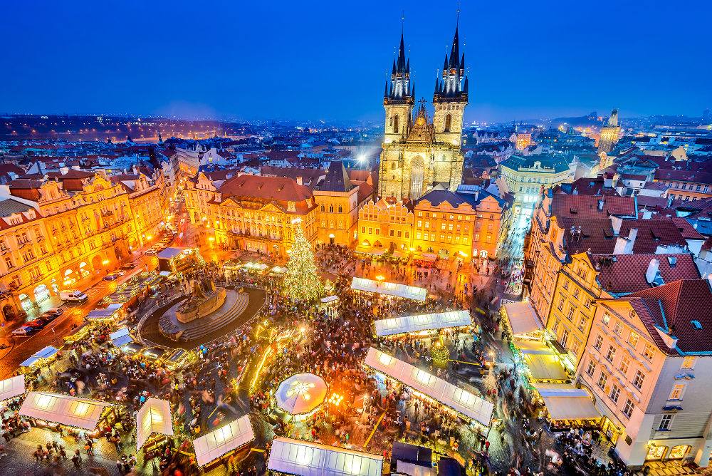 Prague Czech Republic. Christmas Market in Stare Mesto old square Tyn Church Bohemia.