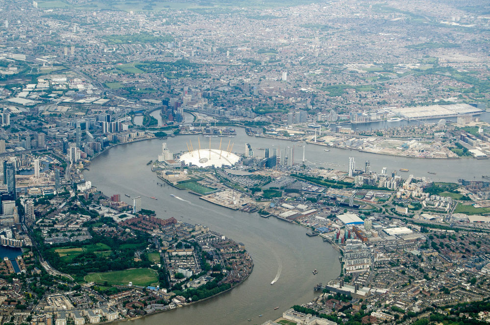 Aerial view of the River Thames at North Greenwich, London