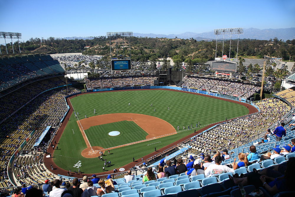 Wide angle view of Dodger Stadium before a day baseball game on June 30, 2012 in Los Angeles, California