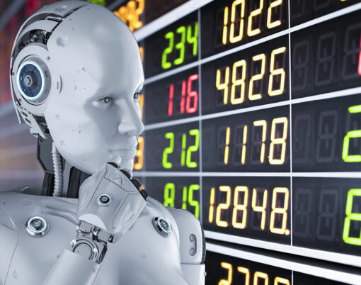 Financial technology concept with 3d rendering female cyborg or robot analyze stock market