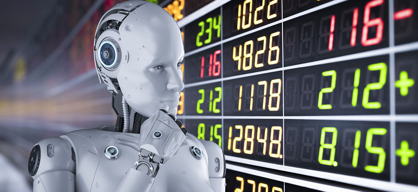 Financial technology concept with 3d rendering female cyborg or robot analyze stock market