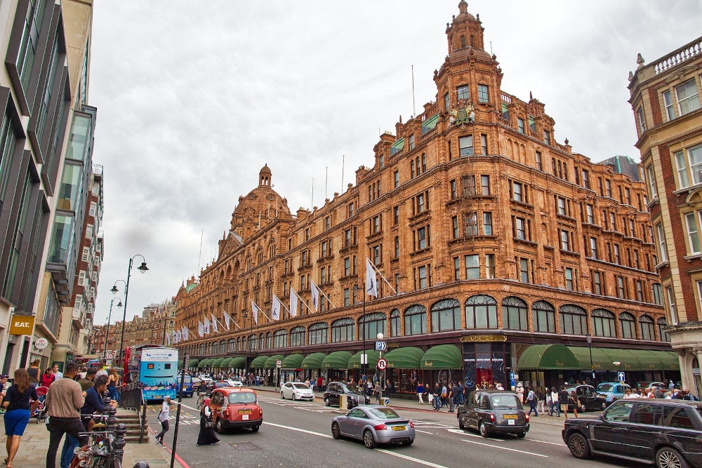 Harrods department store in London. The famous retail establishment is located on Brompton Road in Knightsbridge district.