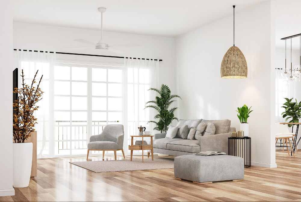 Modern style white living and dining room 3d render The room has a parquet floor decorated with light gray fabric furniture and translucent white curtains, natural light comes through the room.