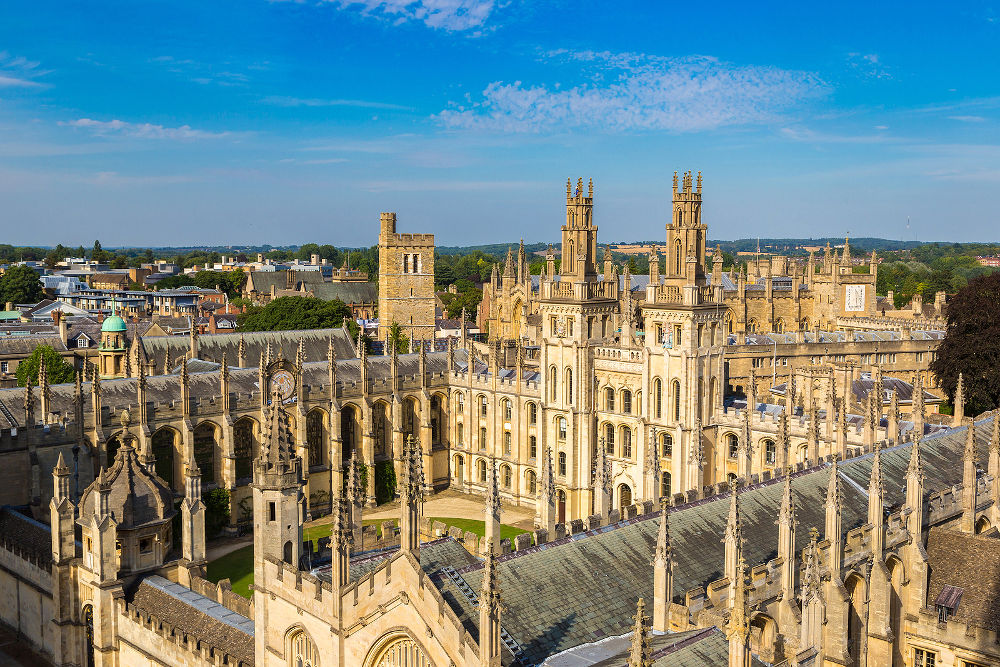 Panoramic aerial view of All Souls College, Oxford University, Oxford in a beautiful summer day, England, United Kingdom