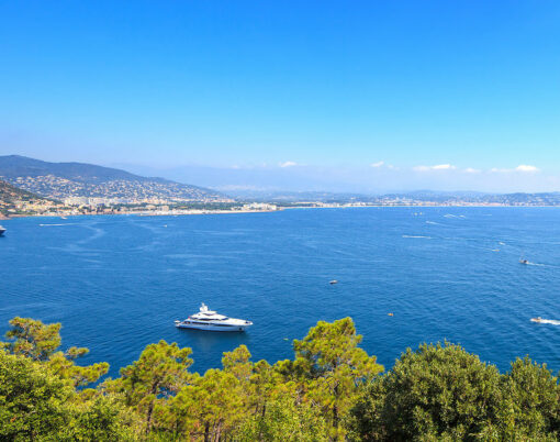 Cannes and La Napoule panoramic sea bay view yachts and boats from Theoule sur Mer