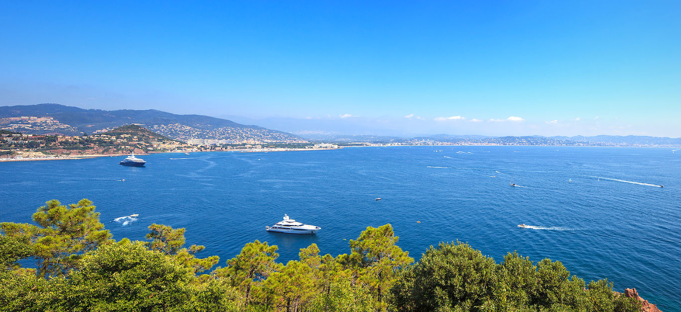 Cannes and La Napoule panoramic sea bay view yachts and boats from Theoule sur Mer