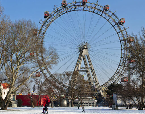 Historic ferris wheel (German: Riesenrad) of Vienna in winter. It was built and erected in 1897 by the English engineer Lieutenant Walter Bassett. The Riesenrad was one of the earliest Ferris wheels ever built.
