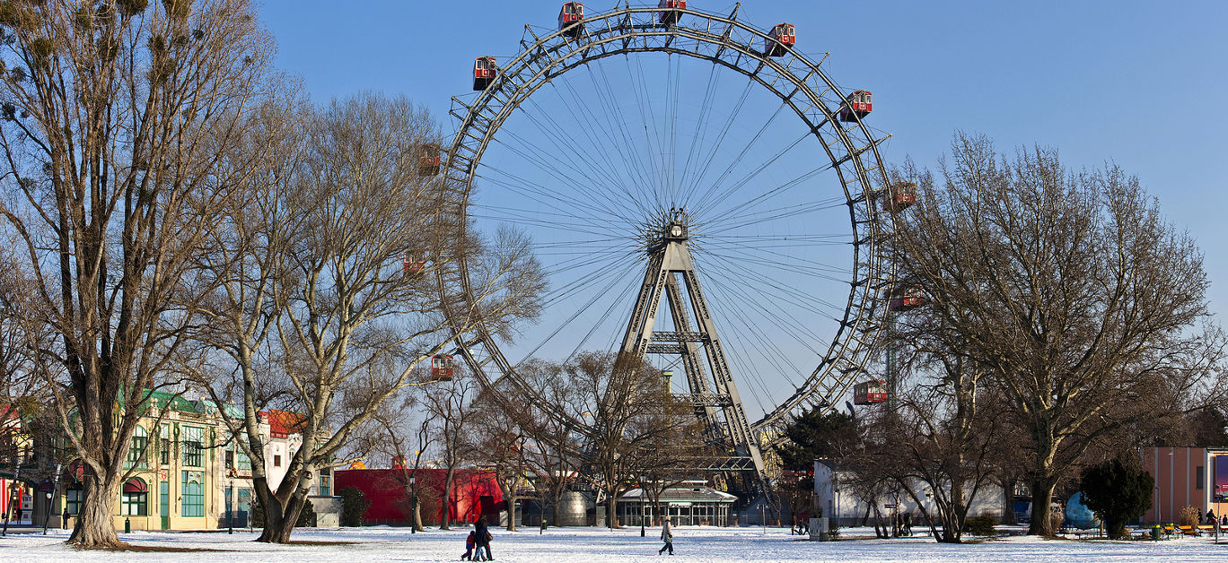 Historic ferris wheel (German: Riesenrad) of Vienna in winter. It was built and erected in 1897 by the English engineer Lieutenant Walter Bassett. The Riesenrad was one of the earliest Ferris wheels ever built.