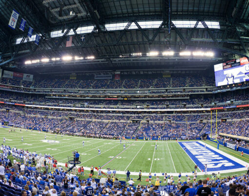 Fisheye view of Lucas Oil Stadium during preseason football game between Indianapolis Colts and Cincinnati Bengals on September 2, 2010 in Indianapolis, IN