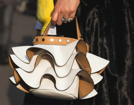 Detail of bag outside Gucci fashion show building during Milan Women's Fashion Week on FEBRUARY 22 2017 in Milan.
