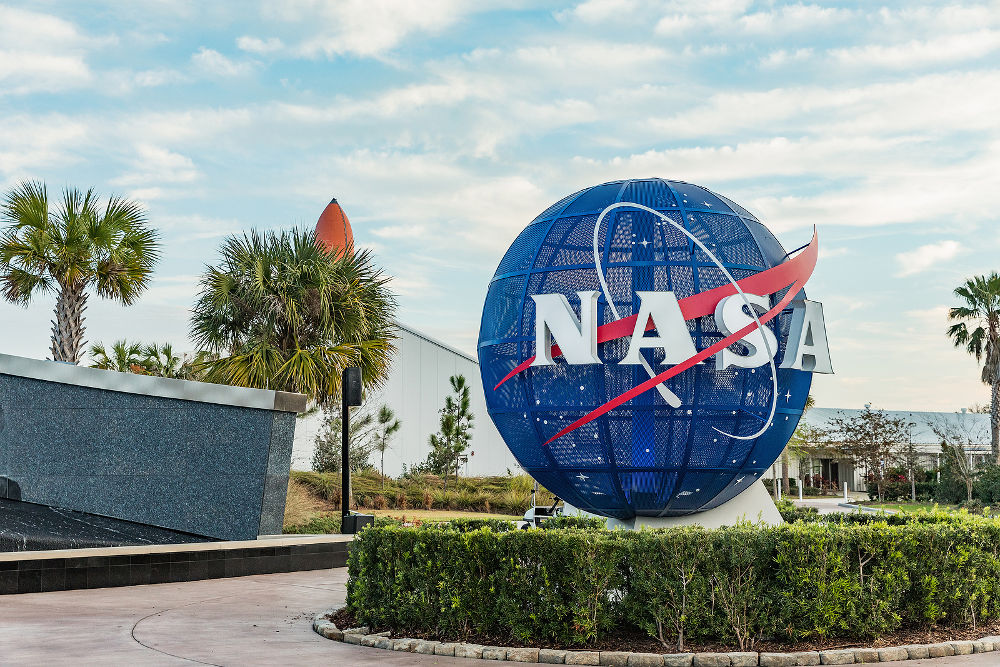 NASA logo on mock Globe on input to NASA Kennedy Space Center Apollo Saturn V Center at Kennedy Space Center Orlando Florida