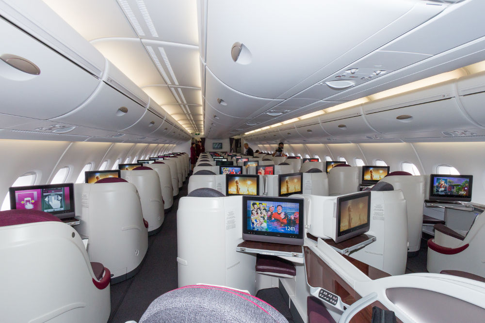 Layout of the Business Class of a Qatar Airways Airbus A380. The A380 is the largest passenger airliner in the world.