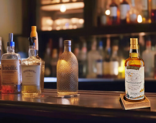 Collection of luxury whiskey stands on bar against the backdrop of bar and bottles out of focus
