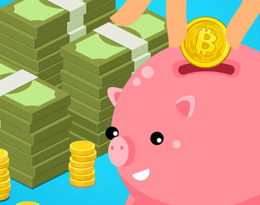 Concept of Crypto-currency. Hand putting bitcoin dollar into saving piggy bank. Currency conversion. Flat design, vector illustration.