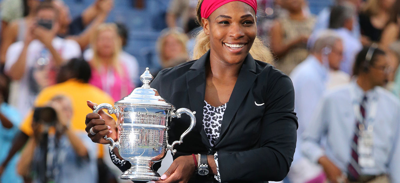 Grand Slam champion and US Open 2014 champion Serena Williams holding US Open trophy during trophy