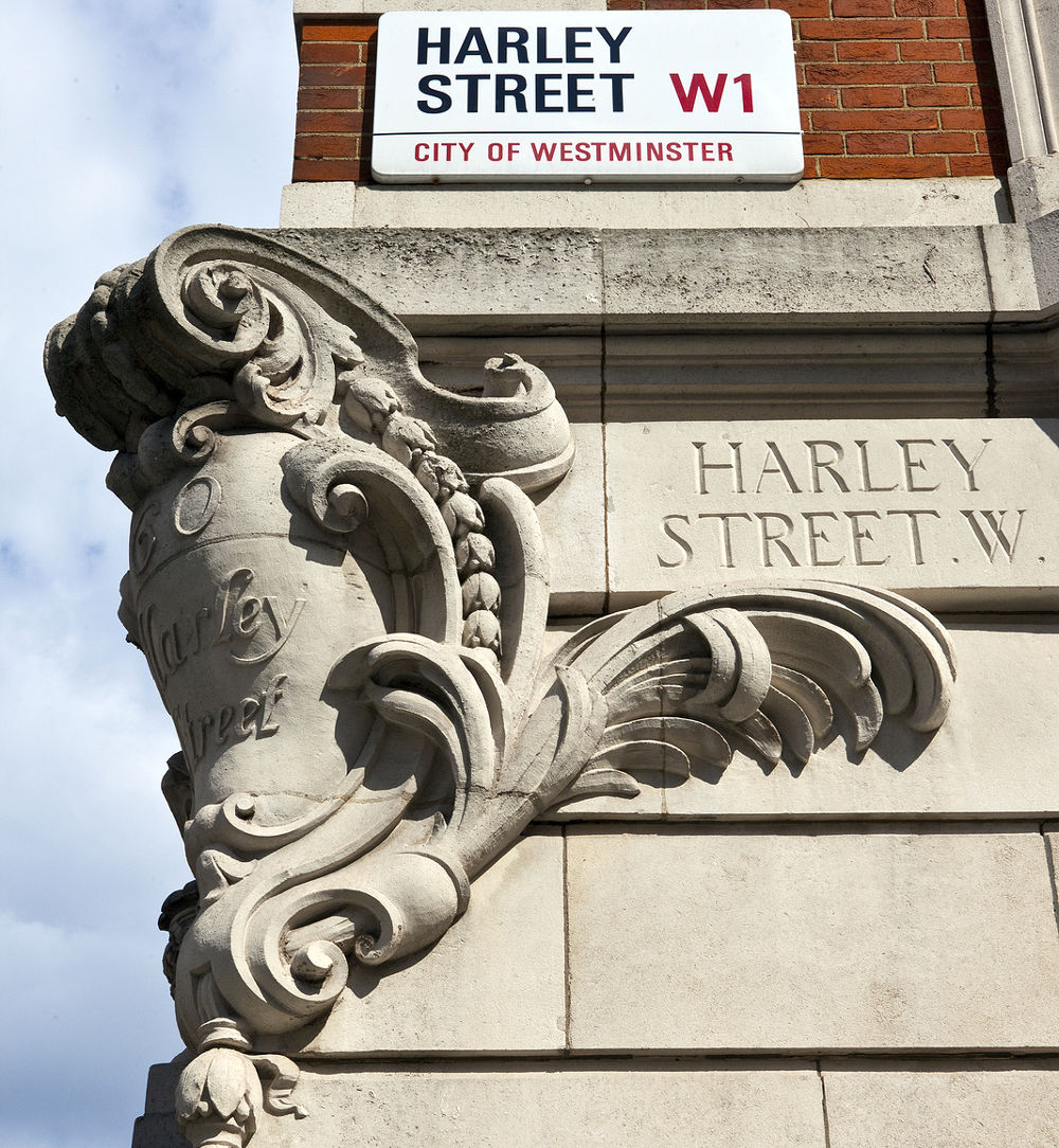 Street sign for Harley Street in London which has been noted since the 19th century for its large number of private specialists in medicine and surgery.