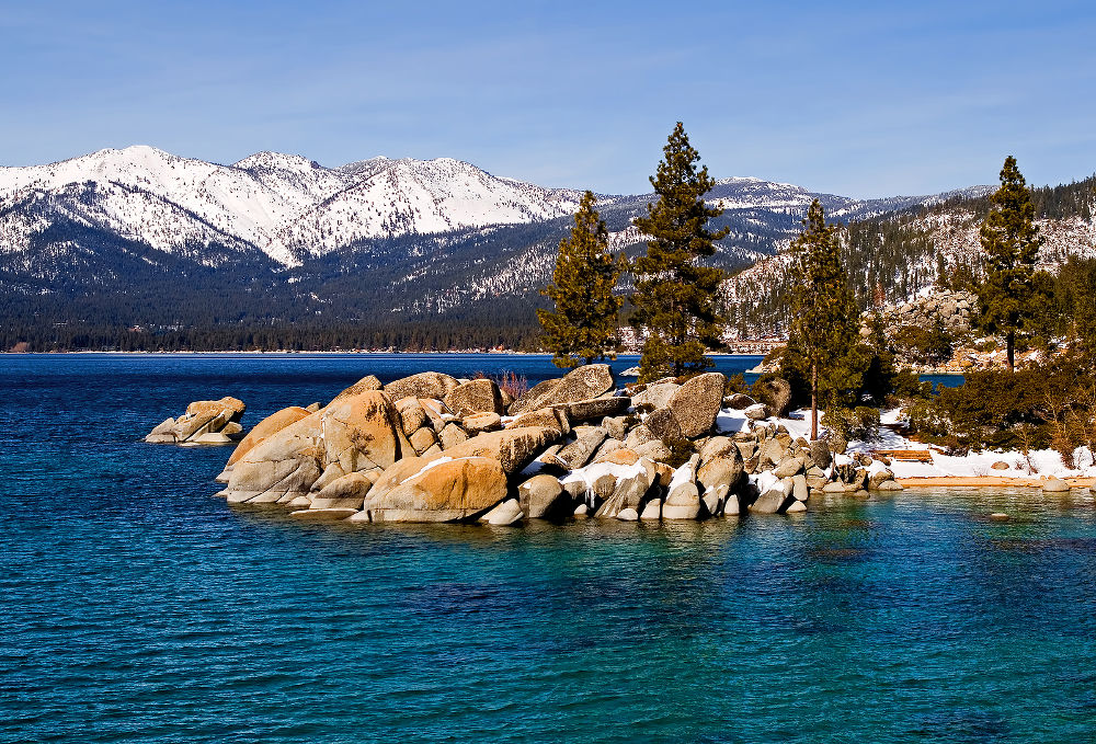 Beautiful Lake Tahoe in Winter with snowy mountains