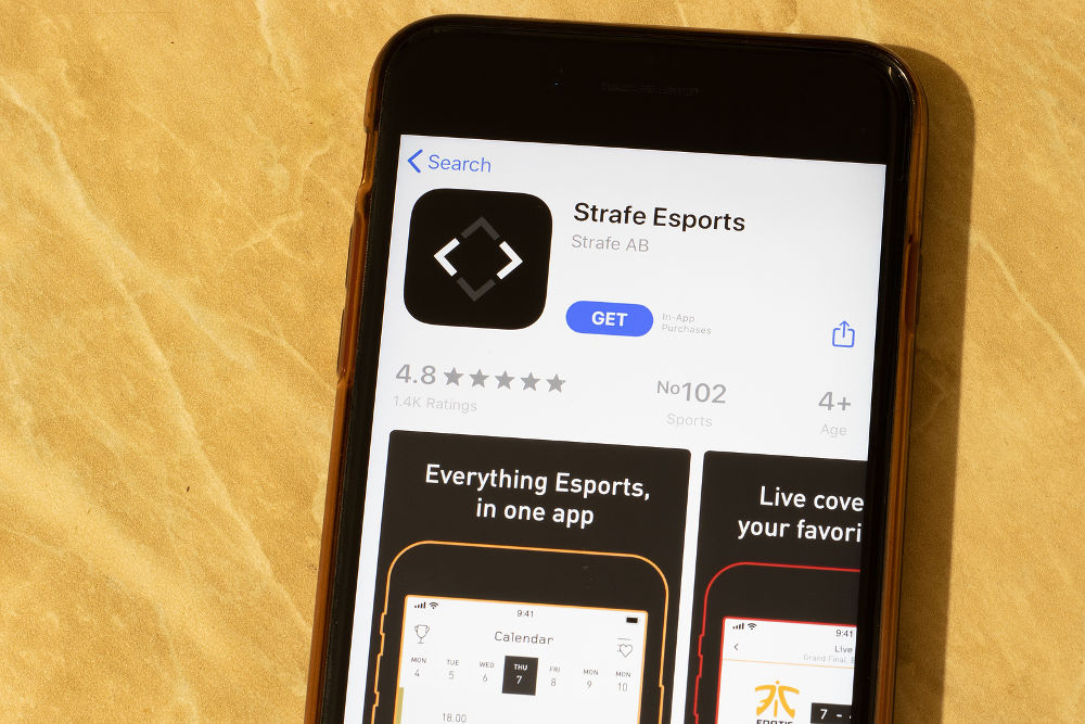 Strafe Esports App Store page close up , Illustrative Editorial