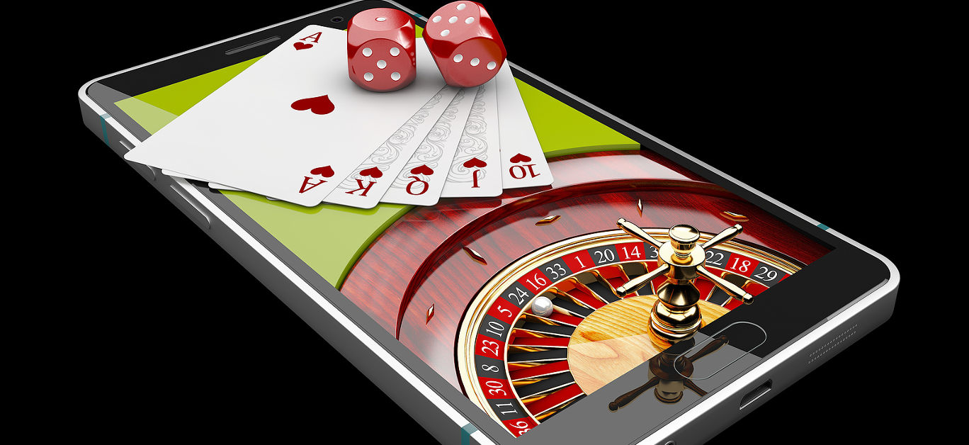 Online Internet casino app, poker cards with dice on the phone, gambling casino games. 3d illustration.