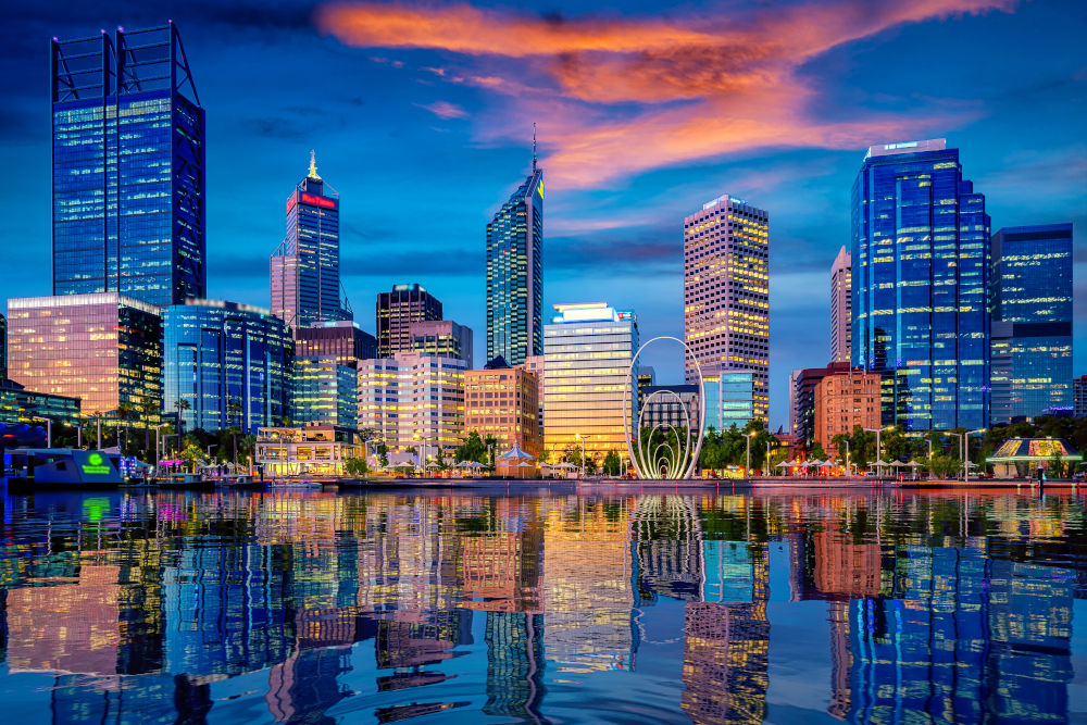 Sunset in Perth city with building and river , Perth, Australia