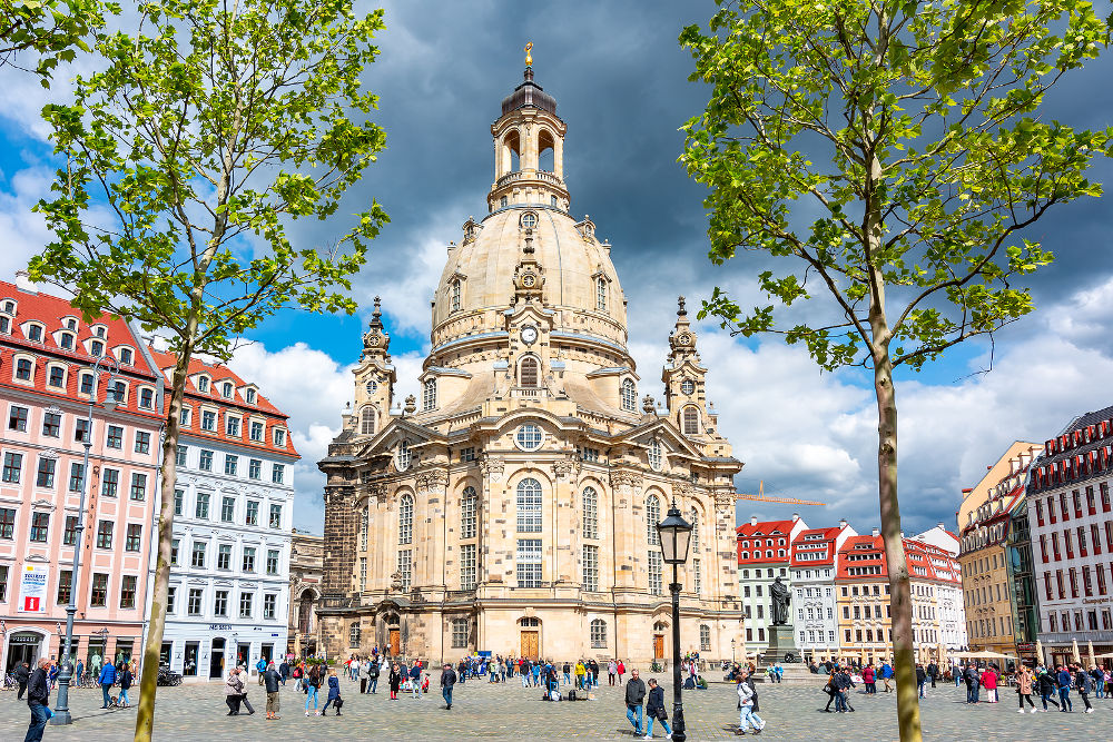 Frauenkirche (Church of Our Lady) on New Market square (Neumarkt), Dresden, Germany - May 2019
